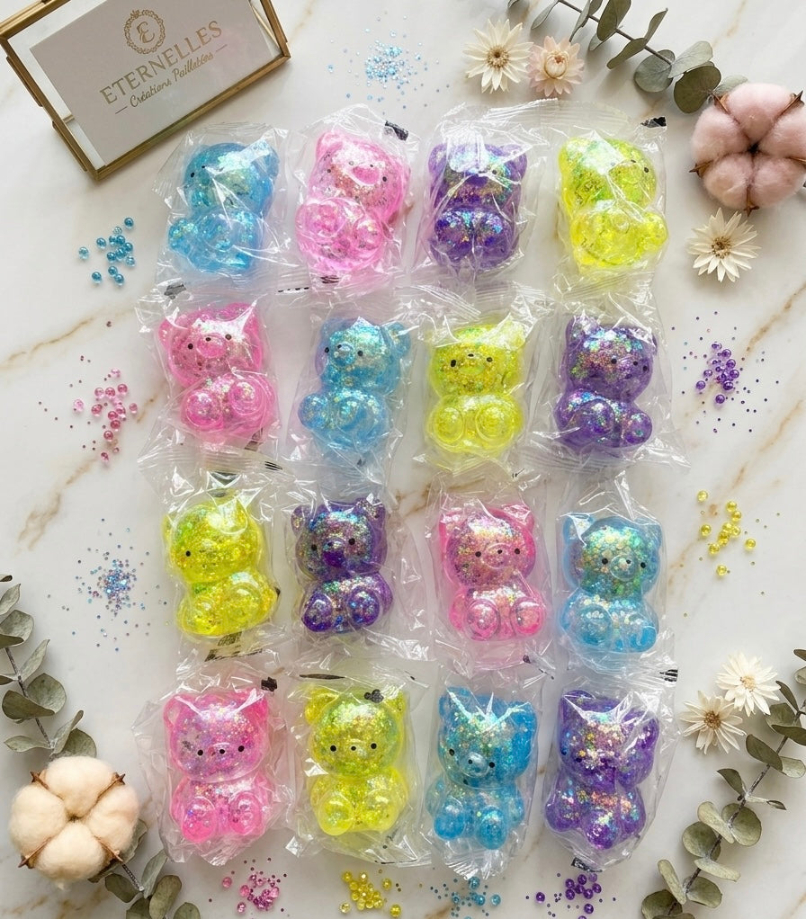 Lot de 4 ours/nounours Squishy paillettes kawaii différentes couleurs aléatoires trop cute